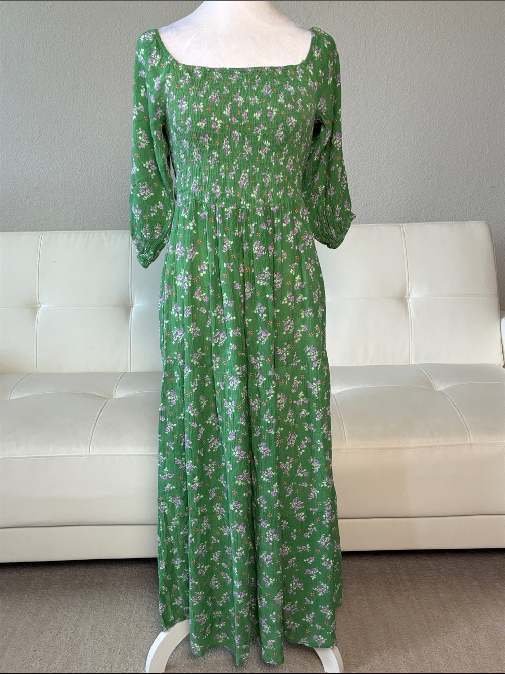Noon Green Floral Maxi Dress with Smocked Bodice and Square Neck, Lace-up Back